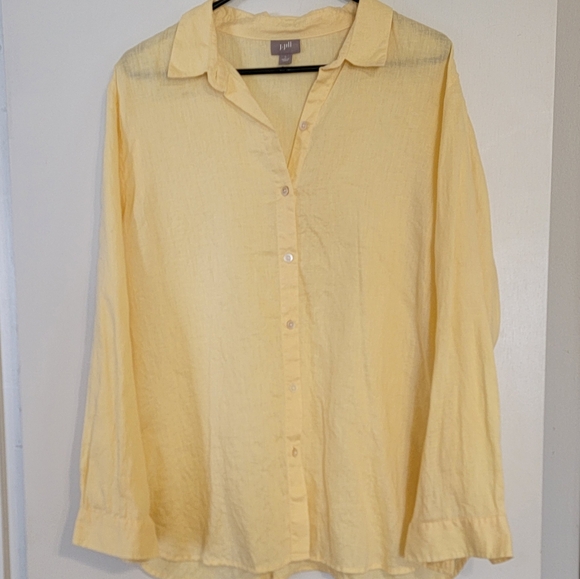 J Jill 100% Linen Button Up Blouse Shirt Womens L Yellow Long Sleeve Lightweight - Picture 1 of 9